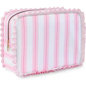 Stripe Ruffle Makeup Bag,Large Travel Cute  Bag for Women Girls,Toiletry Bag Make up Organizer 11.8 x 4.7 x 9 inch ( Stripe)