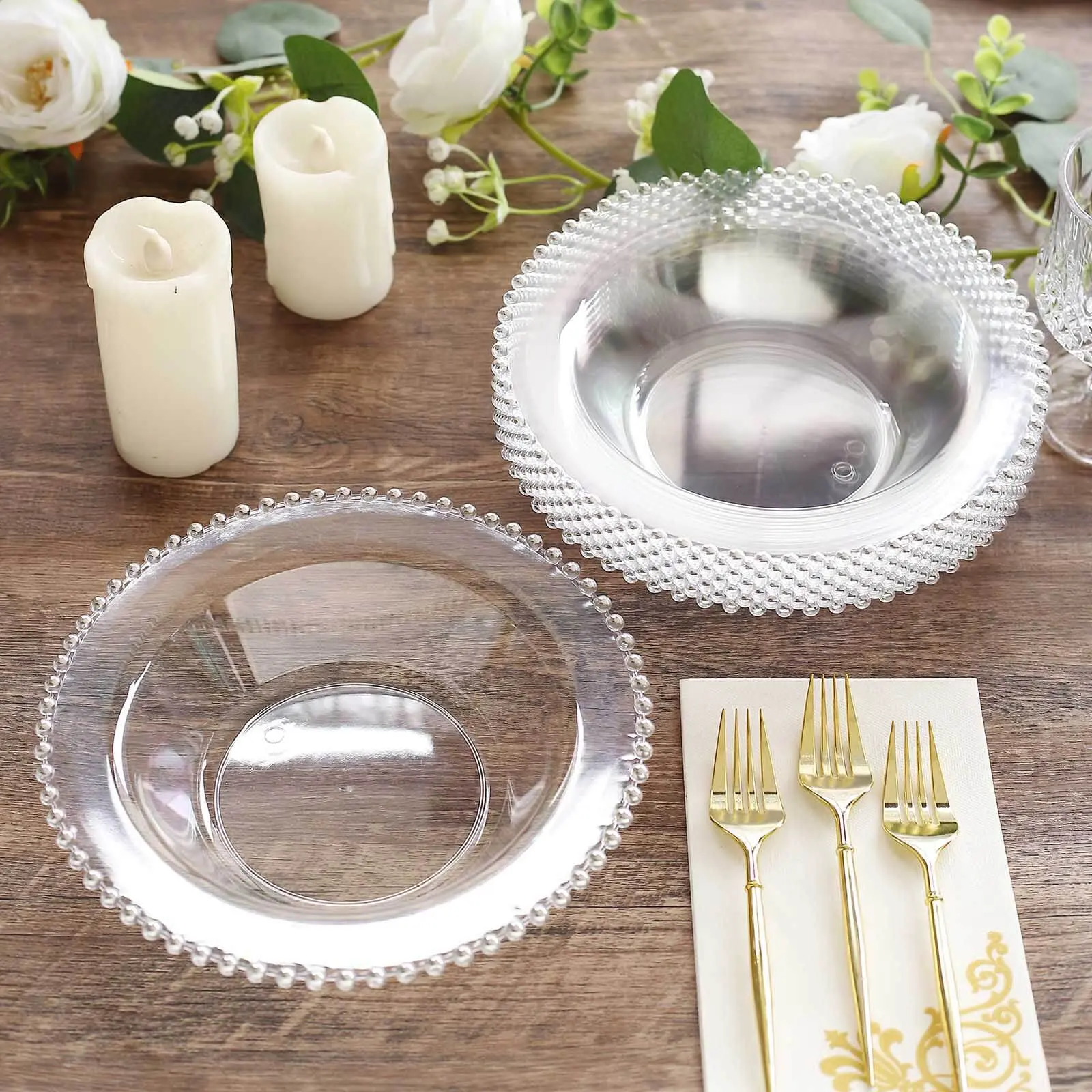 10-Pack Clear Plastic Soup Bowls 12oz, Silver Beaded Rim Round Design - Disposable Dessert Salad Bowls