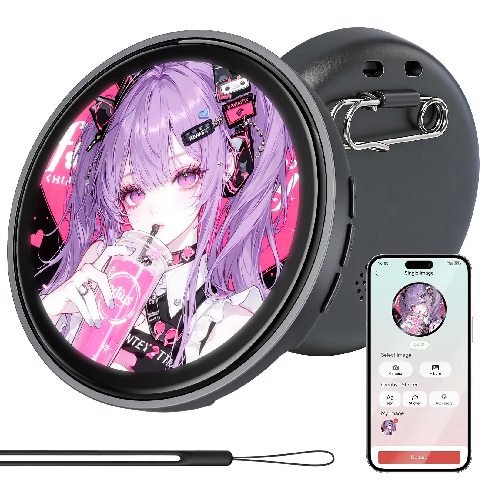 Digital Anime Badge - 1.85in Vibrant HD Touchscreen, 360×360 Resolution, Touch Control + Physical Buttons, 31.5g, 450mAh, Peer-to-Peer Wireless Sharing, Customizable GIF/Video Display, Electronic Pin for Anime Conventions, Holiday Gifts