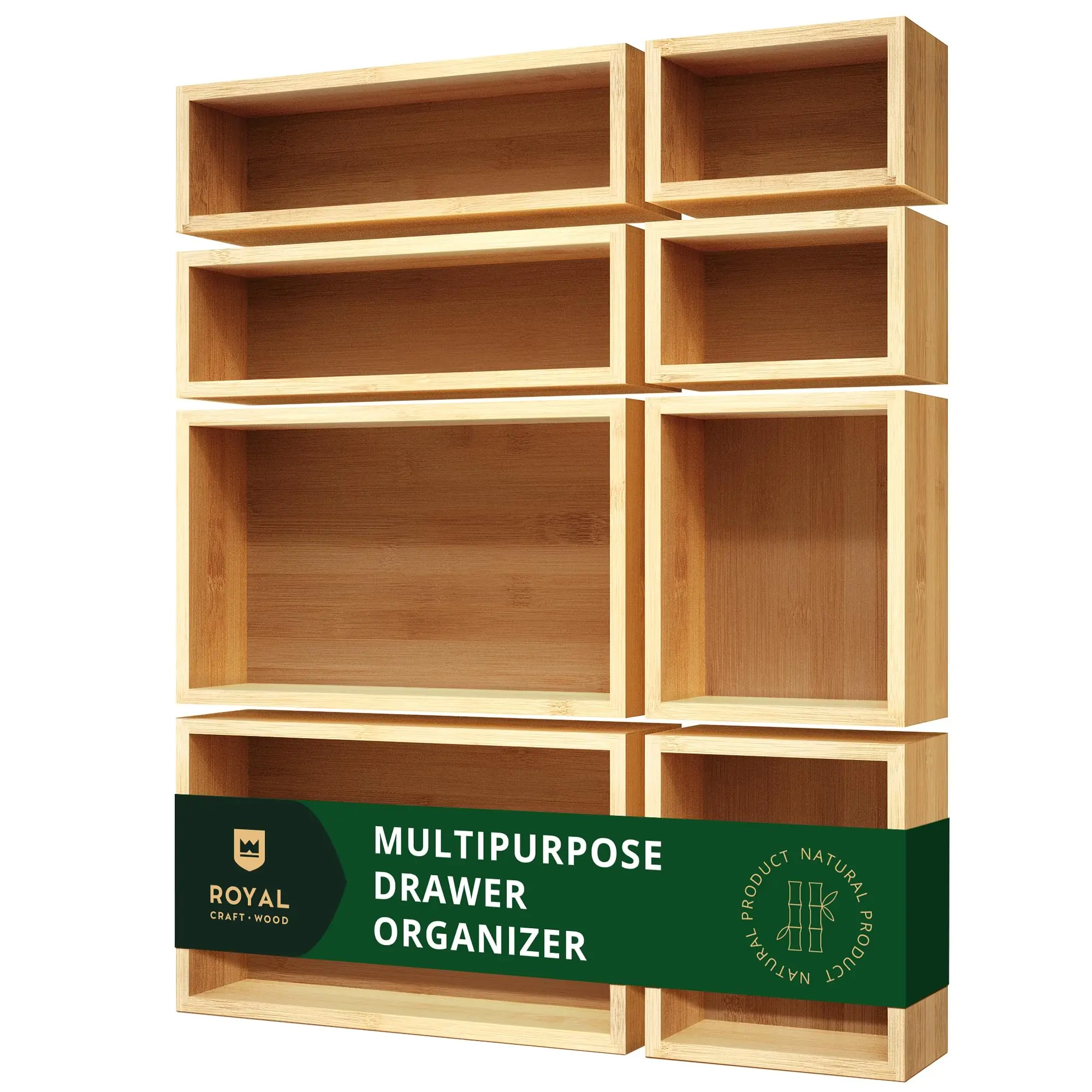 5 PCS Bamboo Drawer Organizer Set - Natural Wood Grain Storage Trays with Multi-Compartment Design, Bamboo Material for Kitchen, Office, Makeup & Jewelry Organization - Space-Saving Organizer with Sturdy Lid-like Top for Utensils, Jewelry, Small Parts