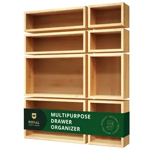 5 PCS Bamboo Drawer Organizer Set - Natural Wood Grain Storage Trays with Multi-Compartment Design, Bamboo Material for Kitchen, Office, Makeup & Jewelry Organization - Space-Saving Organizer with Sturdy Lid-like Top for Utensils, Jewelry, Small Parts