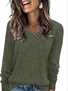 Women's Plain V Neck Fitted T-shirt, Casual Long Sleeve Jumper for Fall & Winter, Fashion Chic Style Ladies' Knitwear Clothing for Daily Wear Top