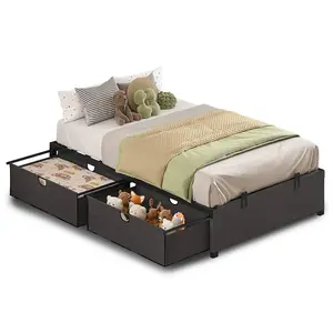Sikaic Twin Size Oxford Fabric Bed Frame with 2 Drawers Dark Grey Modern Mattress Support