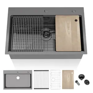 Black/Sliver Large Kitchen Sink with Stainless Steel Bottom Grids, Cutting Board Drop In Single Bowl Top Mount Sinks ‎33"D x 22"W x 10"H