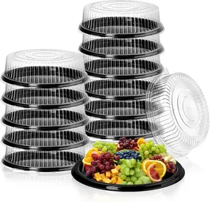 12 Pack Plastic Serving Tray with Lid, 12" Plastic Disposable Food Serving Platters with Clear Dome Lids, Stackable Round Trays for Party, Takeout Food, Catering, Picnic