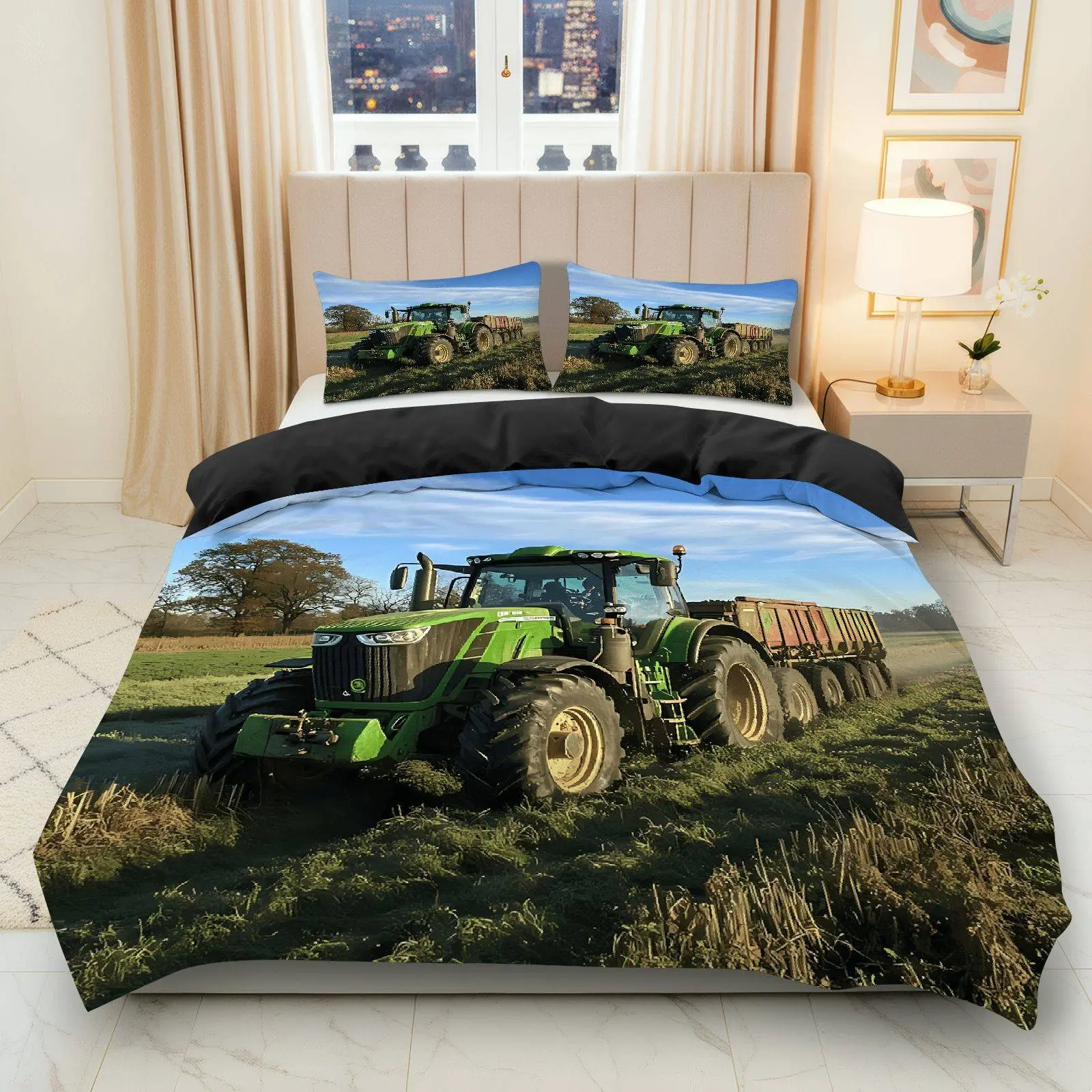 3PCS Duvet Cover Set, 1 Duvet+2 Pillowcases(Without filler), Tractor Farm Countryside Nature Landscape theme, Christmas bedding set, Green Tractor Comforter Suitable for decoration Bedroom Living Room Guest Room Hotel