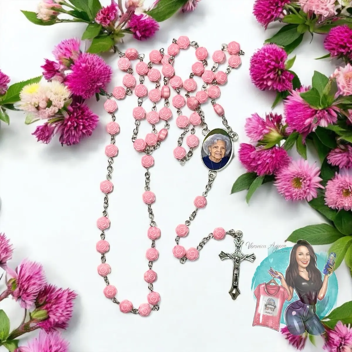 Pink Rose Roasary with Picture Photo | Custom Rosary| Personalized Rosary with Picture| Memorial Gift| Personalized Keepsake
