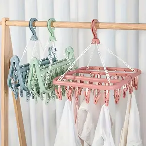 Plastic Clothes Hanger with 32 Clips, Three Colors Available, Multifunctional Hanger, Ideal for Hanging Clothes, Underwear, Socks & Daily Home Items