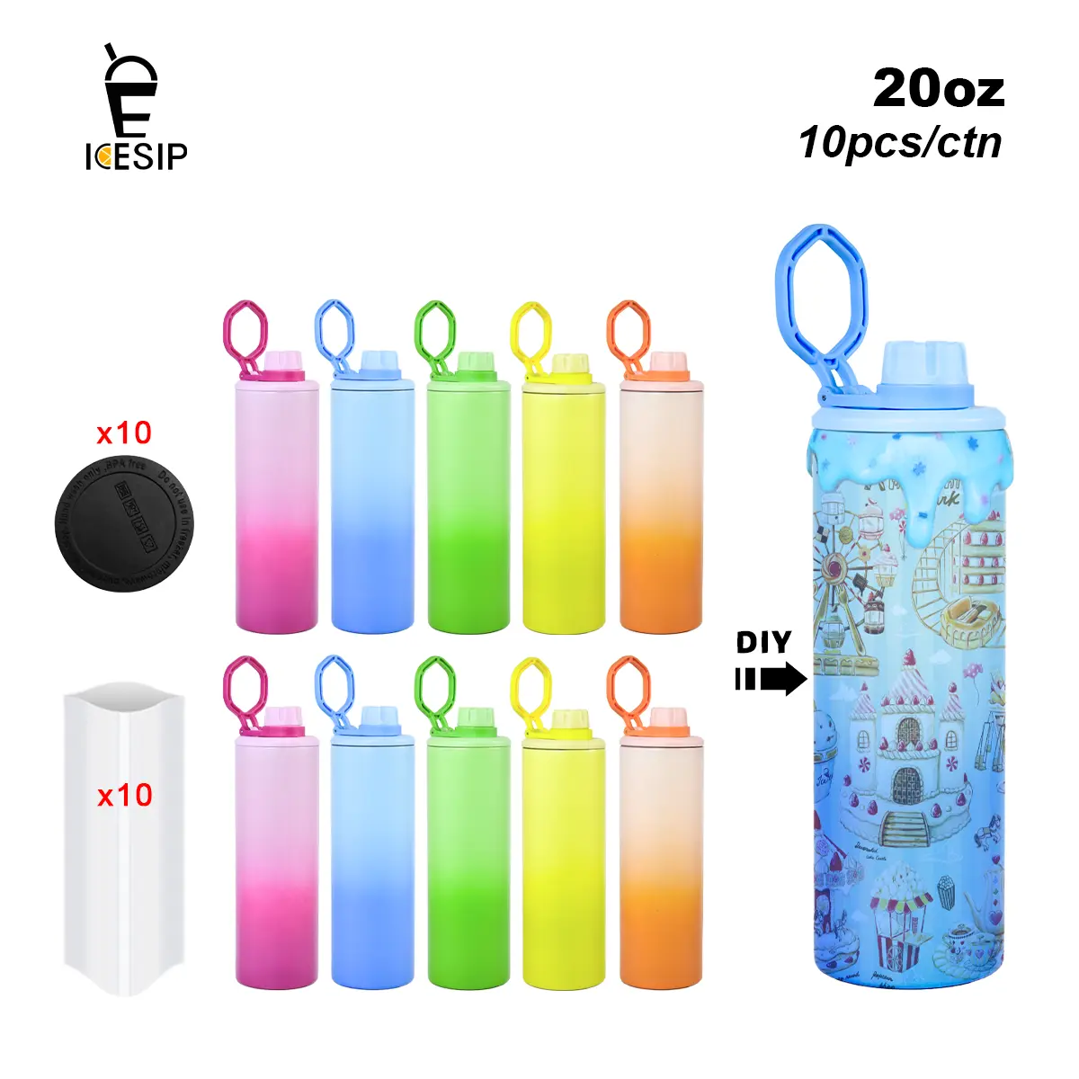 Icesip 10pcs 20oz Stainless Steel Reusable Tumbler Cups - Ombre Sublimation Matte No-Pit Straight Portable Water Bottles with Exclusive Coloring Sports Handle Lids for UV Printing (Party Gifts, Home Supplies)