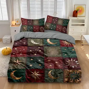 3pcs Retro Sun and Moon Patchwork Decorative Bedding Set, 2D Flat Print, Includes 1 Duvet Cover & 2 Pillowcases, Soft Comfortable Fabric, No Filling, Suitable for Bedrooms, Hotels, School Dormitories