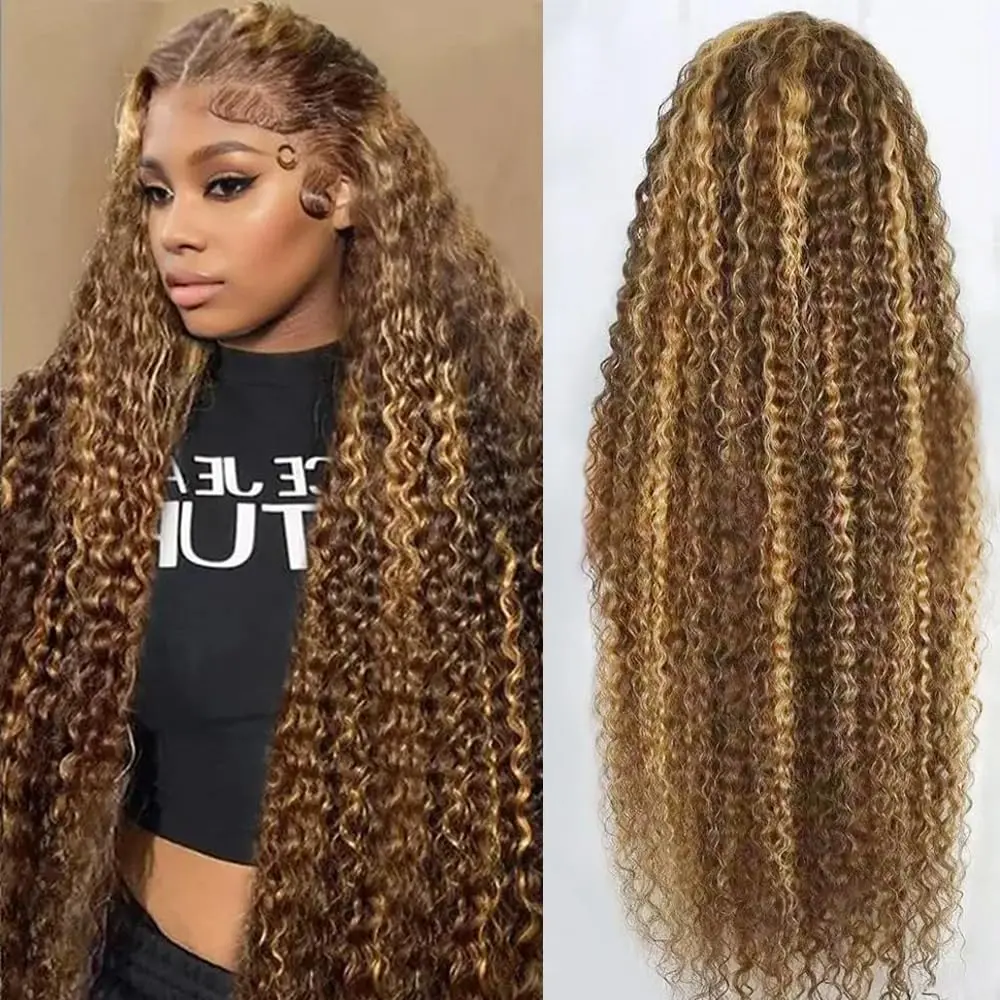Highlight Honey Blonde Deep Wave Lace Front Wig 13×6 Ombre P4/27 Highlight colored Lace Front Wigs Human Hair Pre Plucked Bleached Knots 180% Density (13x6 Honey Deep)
