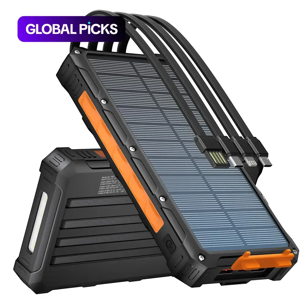 portable charger, Power Bank, External battery pack, Travel Power Bank, Emergency Battery Pack, Fast Charging Powerbank, 20000mAh capacity with 4 cables and PD20W fast charging, six-output solar charger, SOS light, flashlight, lock