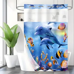 LVRLVR 1pc Underwater Dolphin Tropical Fish Shower Curtain Cute with Sheer Top Window, Detachable Liner & No Hook C-Ring, 70.8" x 74"