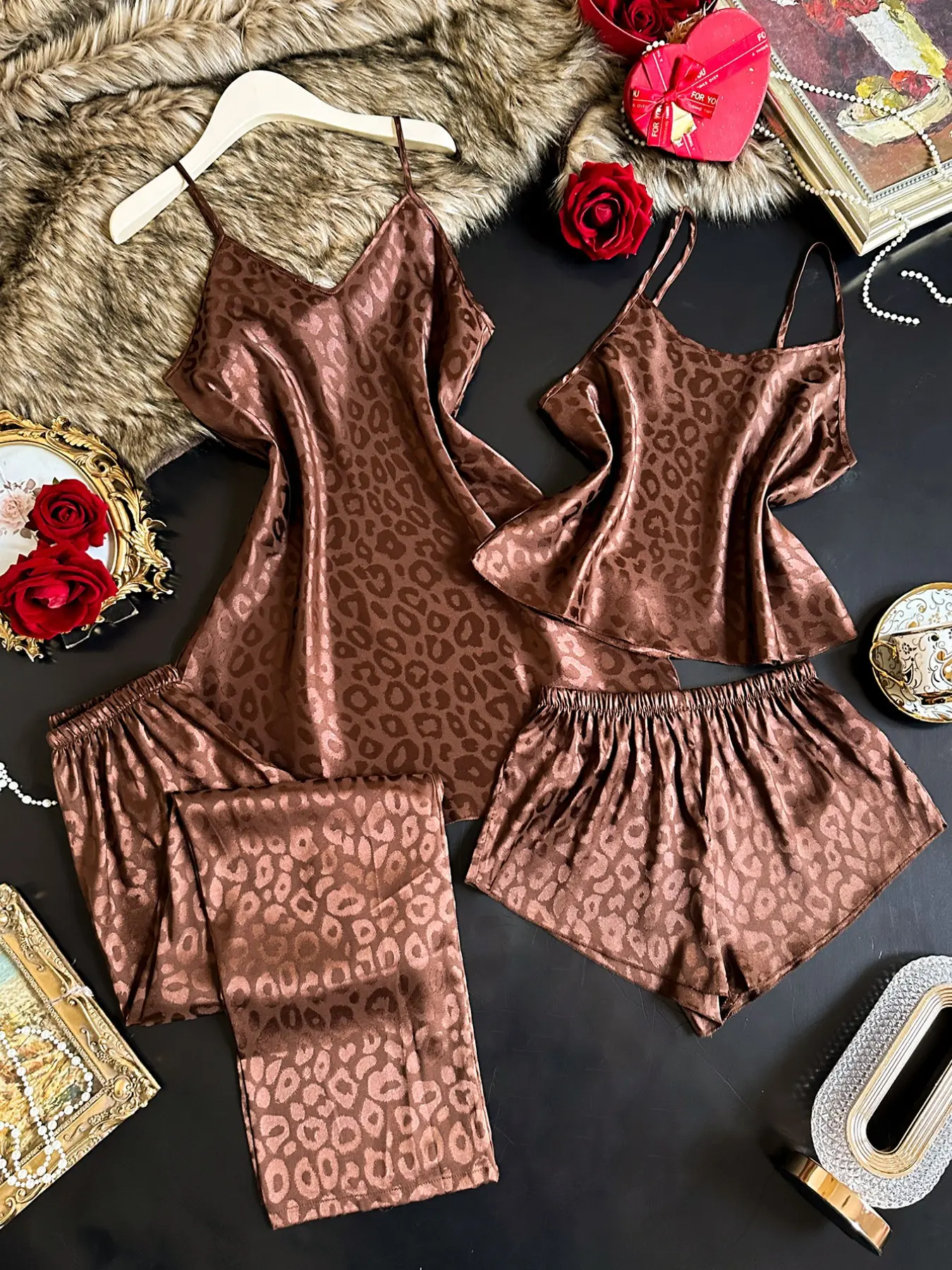 Women's 4-Piece Pajama Set, V-Neck Spaghetti Strap Dress & Round-Neck Top, Soft Comfortable Shorts & Pants, Loungewear for Romantic Evenings