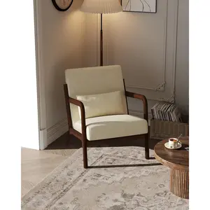 Mid-Century Accent Chair, Cozy Chenille Reading and Lounge Armchair with Lumbar Pillow, Modern Wood Frame for Living Room, Bedroom, Office, Beige