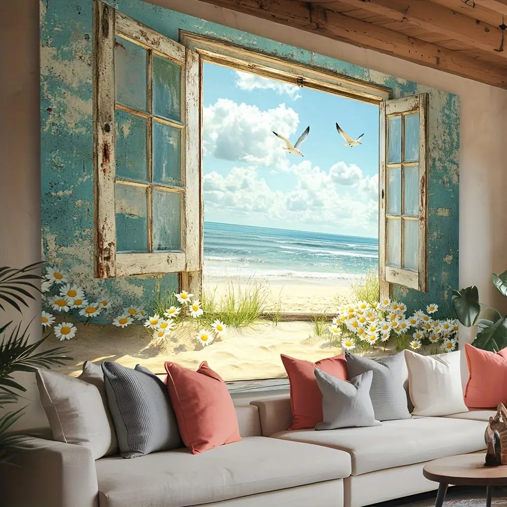 1pc Durable Glam Look Peel-and-Stick Coastal Beach Wallpaper, Realistic Ocean Scene Open Window with Turquoise Frames, Easy-Apply White Decorative Sticker for Bedroom, Living Room (Textiles & Soft Furnishings)