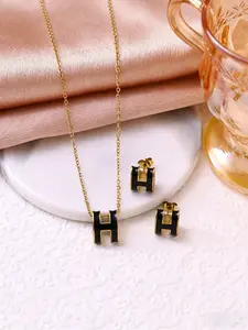 Elegant Gold Tone H Jewelry Set, 2Pcs Minimalist Initial H Letter Charm Necklace & Stud Earrings, Stainless Steel Daily Wear Accessory