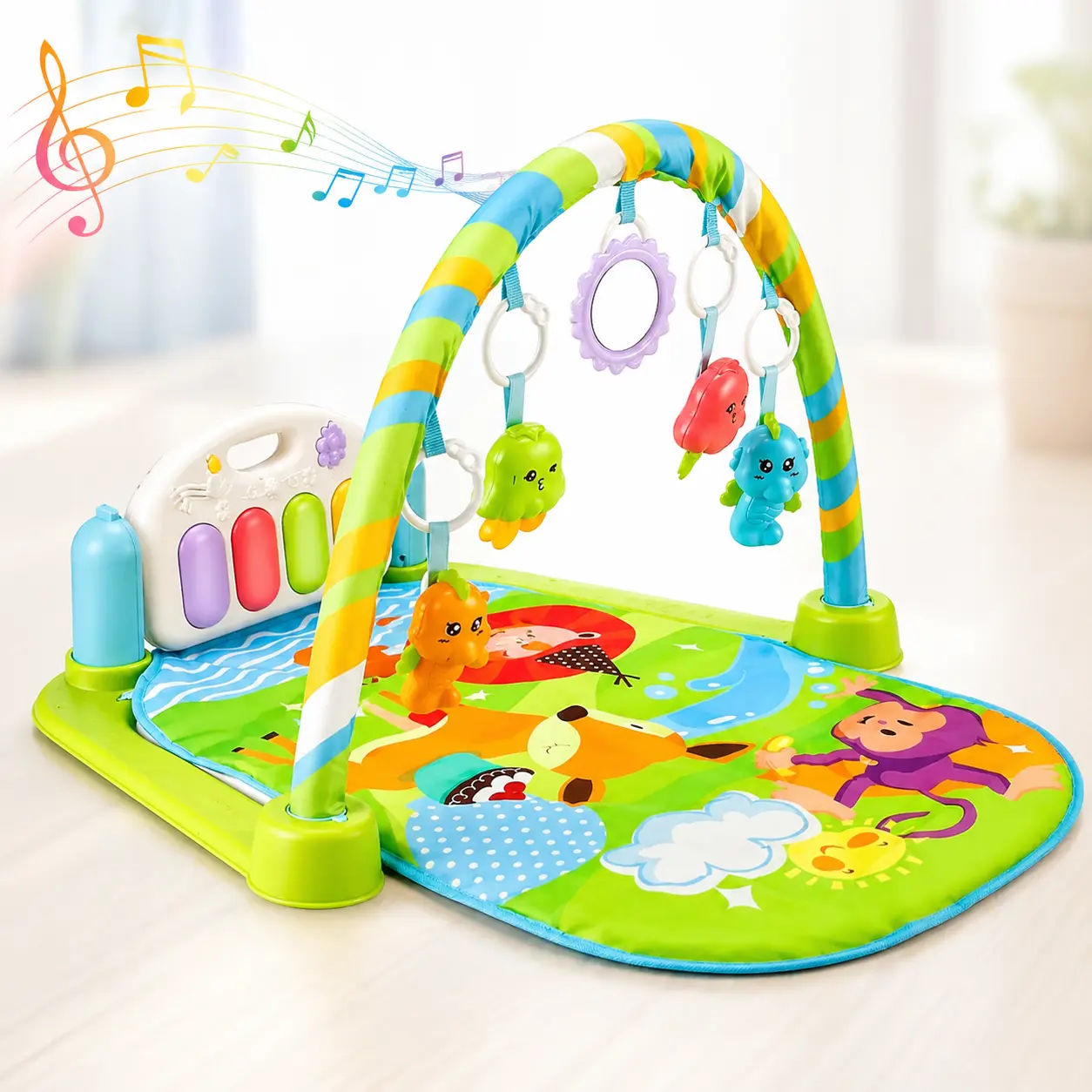 Baby Play Gym with Kick Piano and Musical Toys - Activity Mat with Rattle Maracas for Infant Growth and Fun