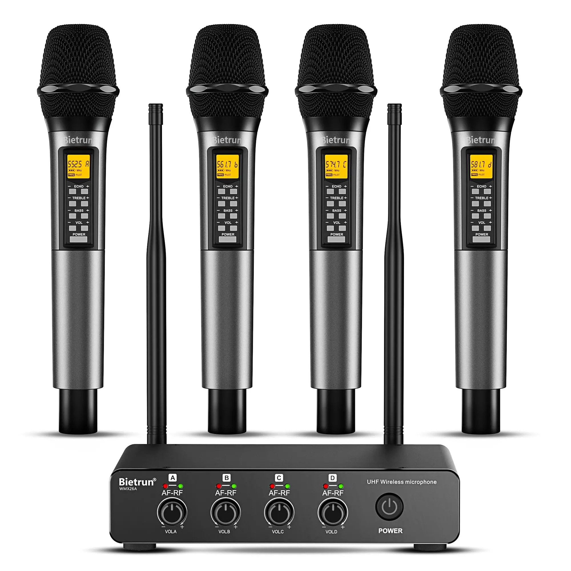 Bietrun 4-Channel UHF Cordless Microphone System with Wireless Mic Receiver, Echo/Treble/Bass Controls, 160ft Range, 4 XLR+1/4'' Audio Output, Auto Connection, Metal Handheld Dynamic Mics (Manufacturer Warranty) for Wedding, Karaoke Machine, Church