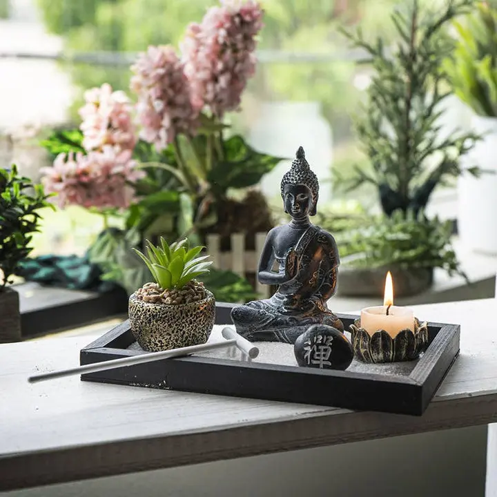 Zen Buddha Sand Garden, Home Decor Religious Decoration for Calming Indoor Spaces