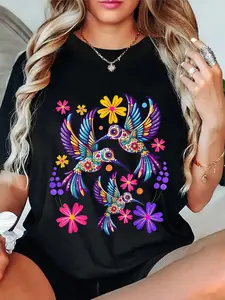 100%25 Cotton Unisex Hummingbird Colorful Mexican Flowers Bird Floral Nature T-Shirt,Unisex Crewneck T-shirt for Men And Women