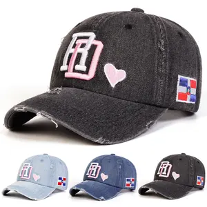 Unisex Vintage Letter Embroidered Holes Denim Baseball Cap Outdoor Adjustable Sunscreen Leisure Hat Spring Autumn Travel Tourism Beach Vacation