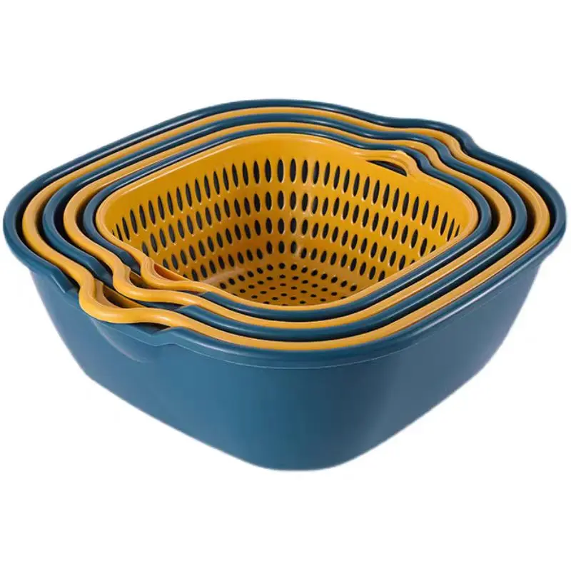 Double washing basin drain basket six-piece kitchen washing fruit tray living room household washing vegetables washing basin basket