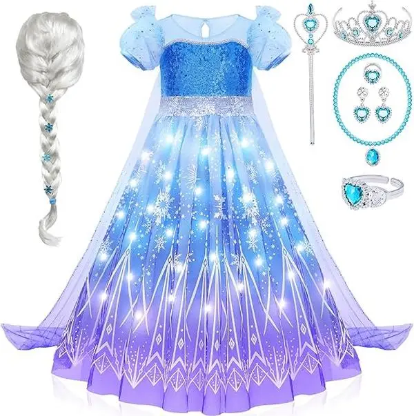 Halloween Gift Girls Light Up Costume Dress with Cape, Wig, Crown – Princess Dress Up for Cosplay