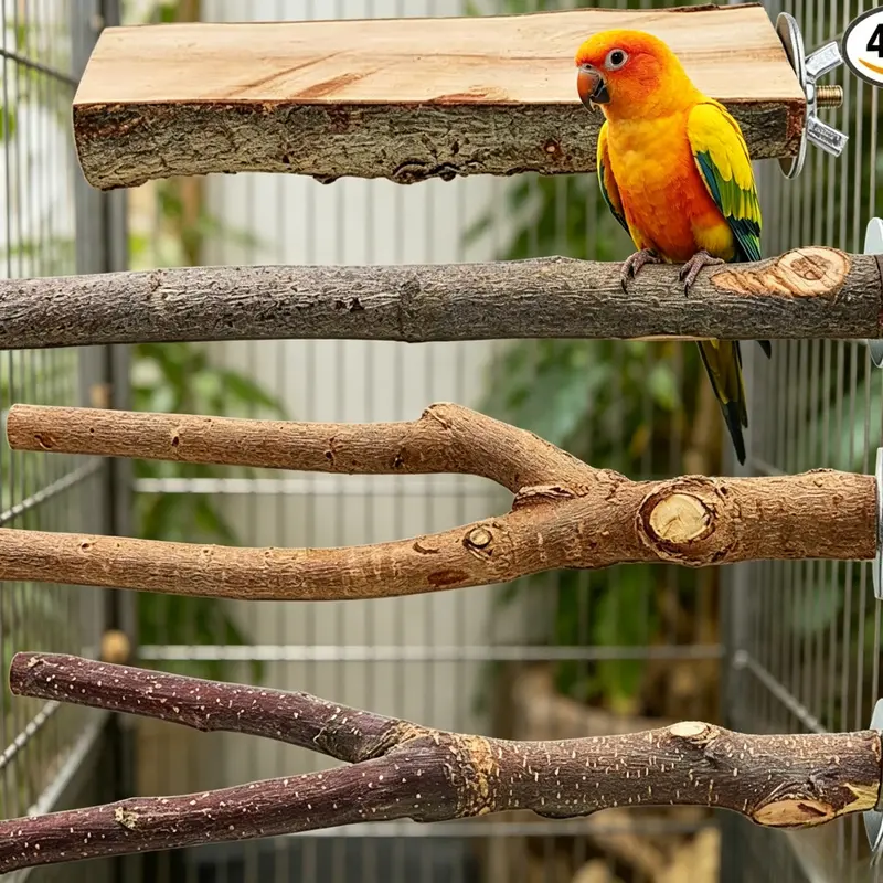 4-Pack Durable Wood Bird Perches - Bird Accessories with Fork Branch Stand, Hanging Swing Toy, 5.1x2 Inch Platform, Different Thicknesses, Safe-to-Climb Design for Parakeets with Healthier Feet Support