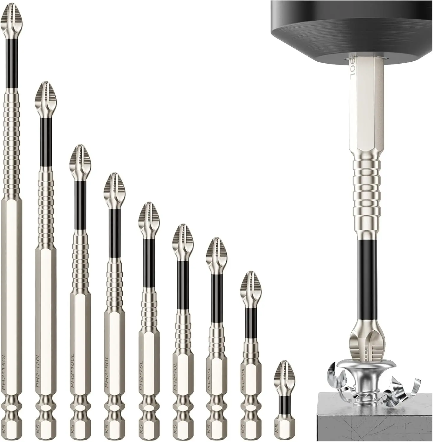 Titanium Alloy Impact Drill Bits 9pc Set for Electric Screwdrivers - Anti-Slip, Magnetic Grip, Multilength Reach, Firm Screw Pickup, Steady Bit Grip