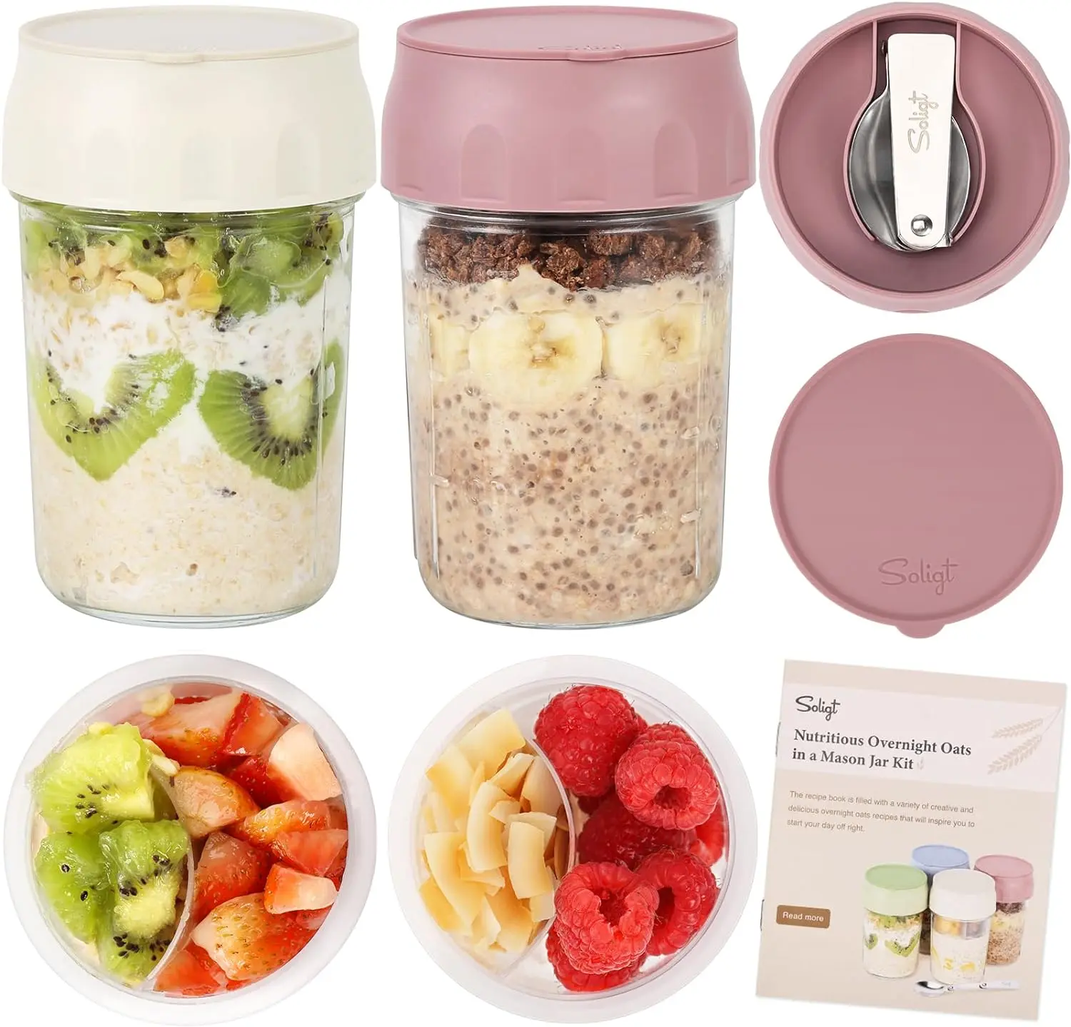 Soligt Overnight Oats Containers with Lids, Folding Spoons, and Divided Compartments for Fruit & Nuts, Small Glass 16oz Mason Jars for Oatmeal Yogurt Parfait Kitchen Utensils 2026 Canister Storage Portable Reusable Airtight Tin #DealsForYouDays