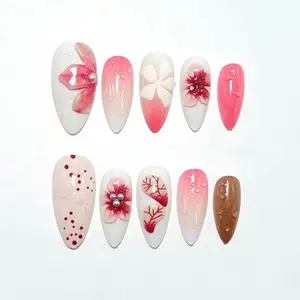 Household daily necessities 24pcs Handmade 3D Flower Press on Nails Medium Almond Fake Nails with Pearl Rhinestones Designs Spring Floral False Nails Cute Acrylic Nails Press ons Summer Glue on Nail for Women DIY Manicure Salon