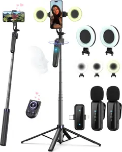 63” Adjustable Vlogging Kit for iPhone/Android Smartphones & Cellphones, Auto Face Tracking Tripod Stick with Clip & Light, Wireless Microphone, Scrolling Remote for TikTok/YouTube Starters