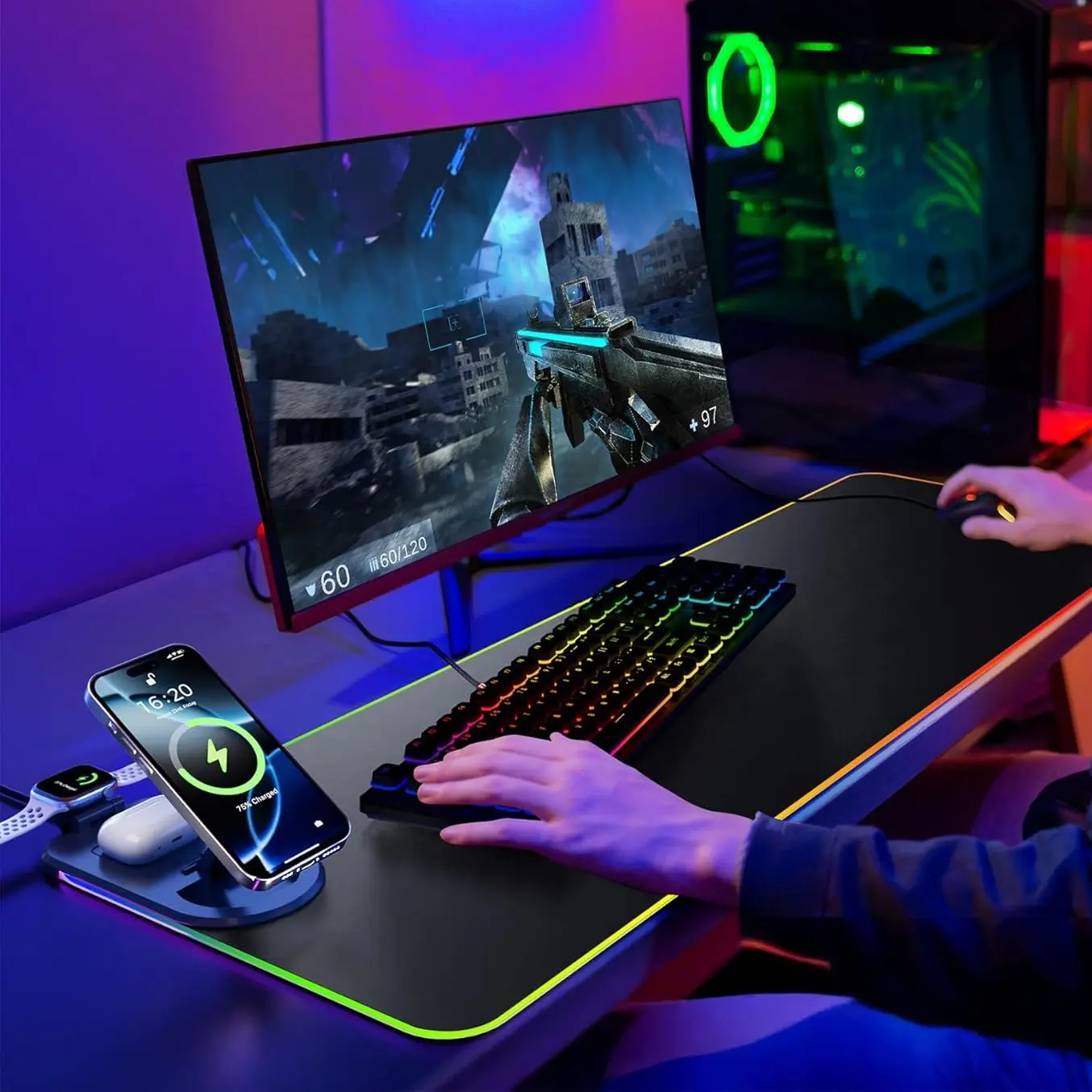 Forsargb Gaming Mouse Pad, Computer Mouse Pad, Wireless Charging Desk Mat, Foldable Phone Stand, Large LED Gaming Mat (800x300x4mm), 15 Light Modes, Waterproof, Premium Multipurpose Mousepad, Gaming Room Accessories