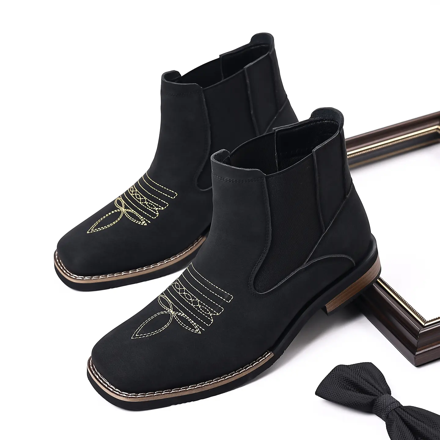 Men's Embroidered Chelsea Boots, Cowboy Style Slip-On Ankle Shoe, Comfortable Casual Synthetic Footwear for All Seasons, Walking Shoes