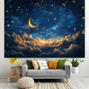 1 Moon Shining Decorative Banner on Golden Water Surface - Enchanting Night Sky Scene with Sparkling Stars and Clouds, Suitable for Elegant Events, Youth Showers, Graduation Ceremonies, and Parties with Polyester Background