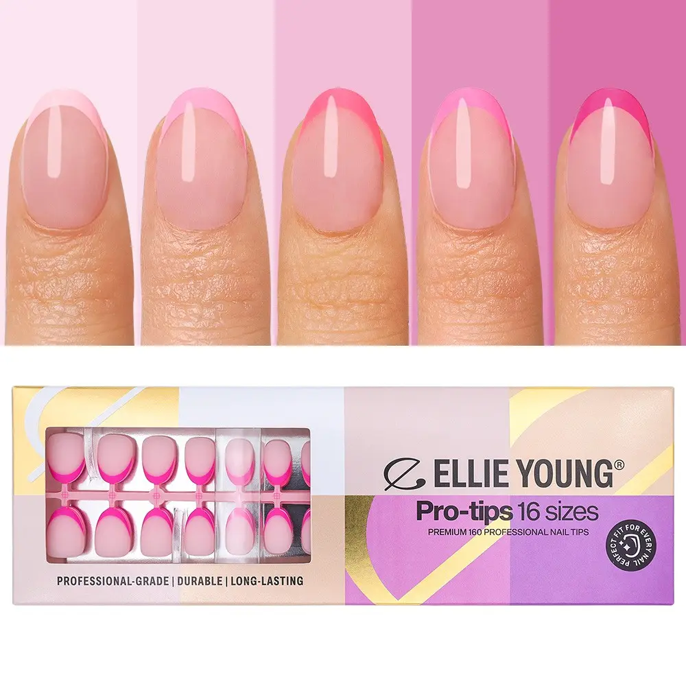 ELLIE YOUNG PRO-TIPS Short Oval Pink Pastel French Tips, 160pc Press-On Nails Kit – 16 Sizes, Matte Gel Acrylic Look, Soft Gel DIY Extensions