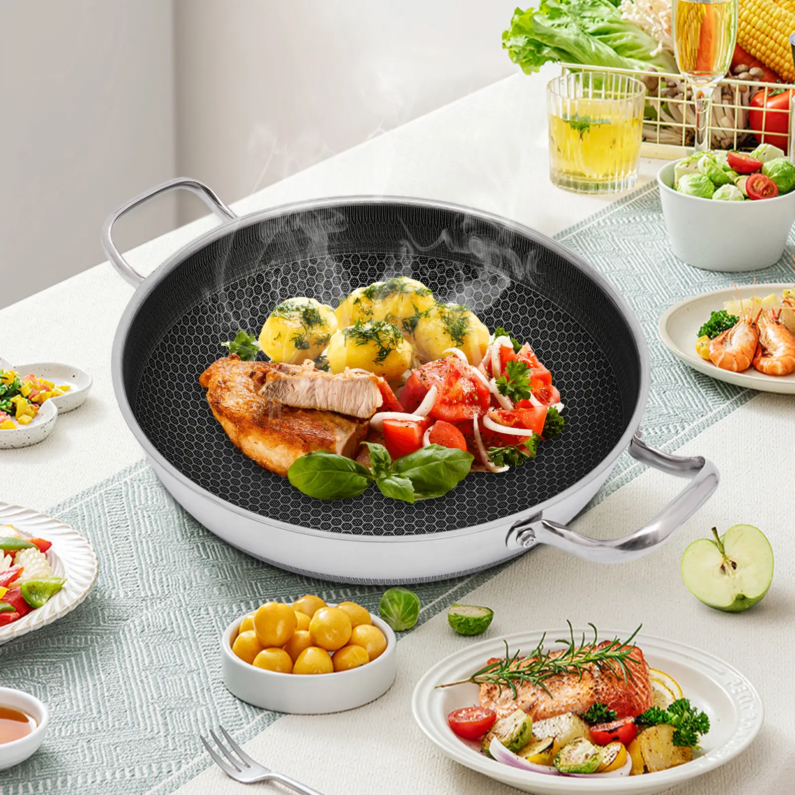 12.59in Stainless Steel Paella Pan with Lid - Honeycomb Ceramic Nonstick, PFOA-Free, Oven & Dishwasher Safe, Induction/Gas/Electric Compatible - Anti-Stick, Ceramic Coating, Durable, Easy Clean, Flat Bottom Pans & Woks (Silver), Anti Stick Pans & Woks