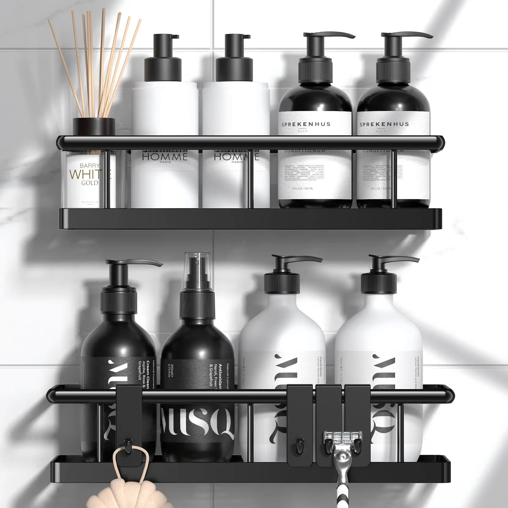 Wall-Mounted Shower Caddy Shelf Organizer Rack Set, No Drill Holder, Self Adhesive Black Basket, Bathroom Home Accessories Storage, Farmhouse Wall Sho