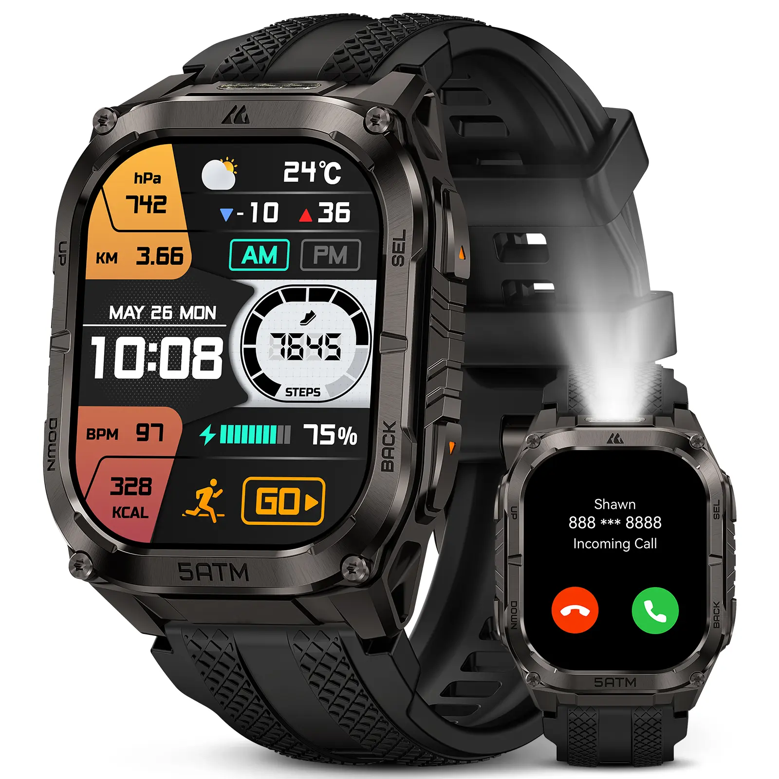 KOSPET Tank M4C Outdoor Smart Watch with GPS, 1.96" AMOLED Display, Built-in LED Flashlight & Walkie-Talkie, Long Battery Life, 50m Waterproof, Bluetooth Calls, 24/7 Heart Rate/Sleep Monitor