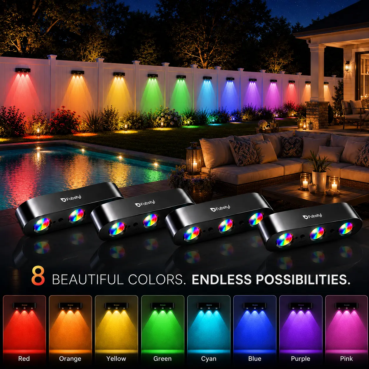 FabStyl RGB Solar Wall Fence Lights, Synchronously Change Color, Solar Step Lights, Bright Wall Lights, Outdoor Waterproof, Solar Powered Patio Decor for Wall, Rail, Porch, Backyard, Garden. Perfect for holiday decorations FallFreshness