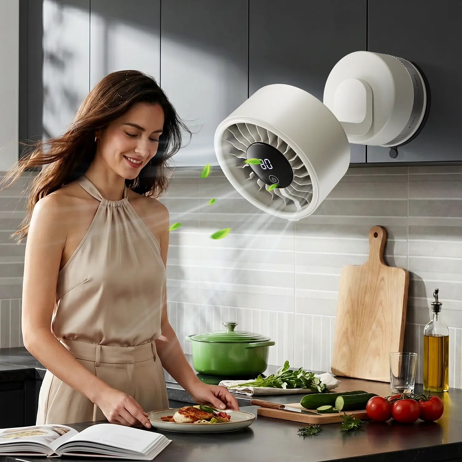 6 Speeds Digital Display Fan, USB Rechargeable Wall Mount Fan, Quiet Oscillating Small Fan with Suction Cup Base & Adjustable Tilt, Ideal for Bedroom Office RV Kitchen Bathroom
