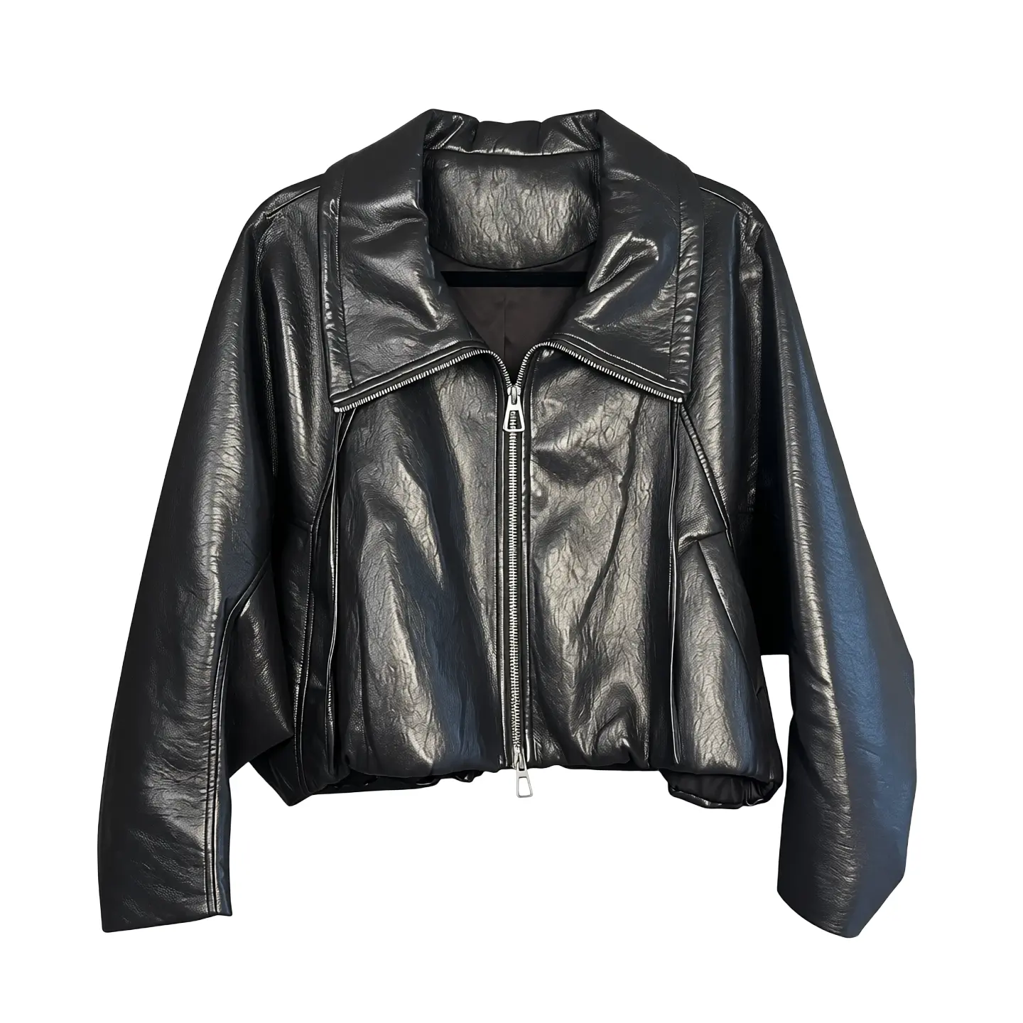 Liquid Metal  Y2K Metallic Vegan Leather Jacket | Batwing Sleeve Biker Crop Top | Grunge Streetwear Vibe