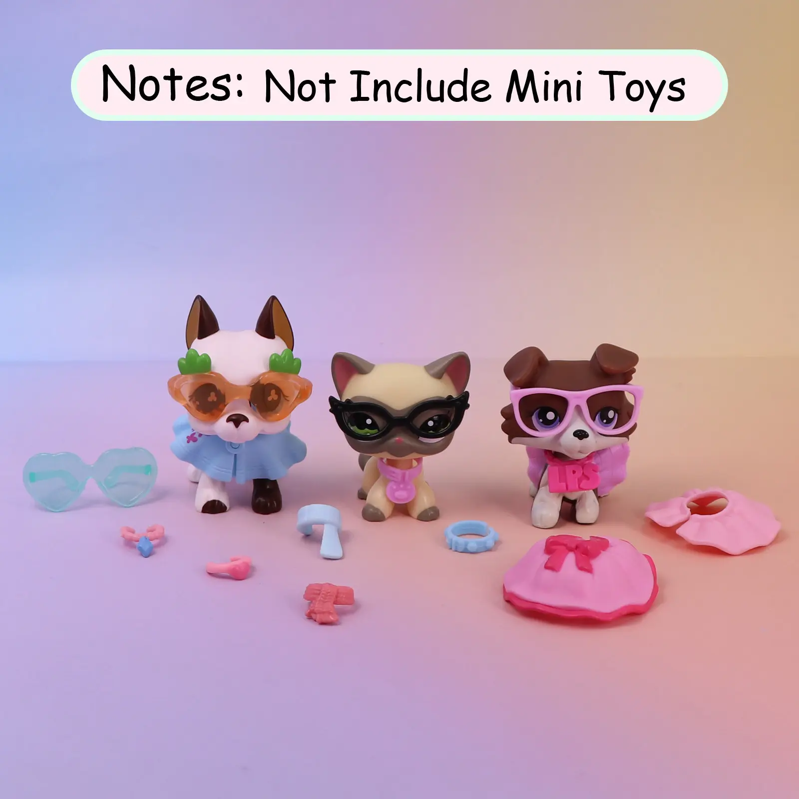 15 Pcs Miniature Accessories Set for Mini Toy Pets – Shoes,Hangers, dressing table,comb, food, skirts, collar, necklace, Jacket etc for Shorthair Cat, Collie, Dachshund, Cocker Spaniel & Cow Figures