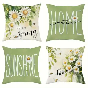 4pcs, Spring Throw Pillow Covers, Spring Floral Daisy & Bee Design, Suitable Spring Living Room, Bedroom, Sofa and Bed Decoration, Spring Decoration, Cheerful Home Accents, Single Sided Printing, No Pillow Core