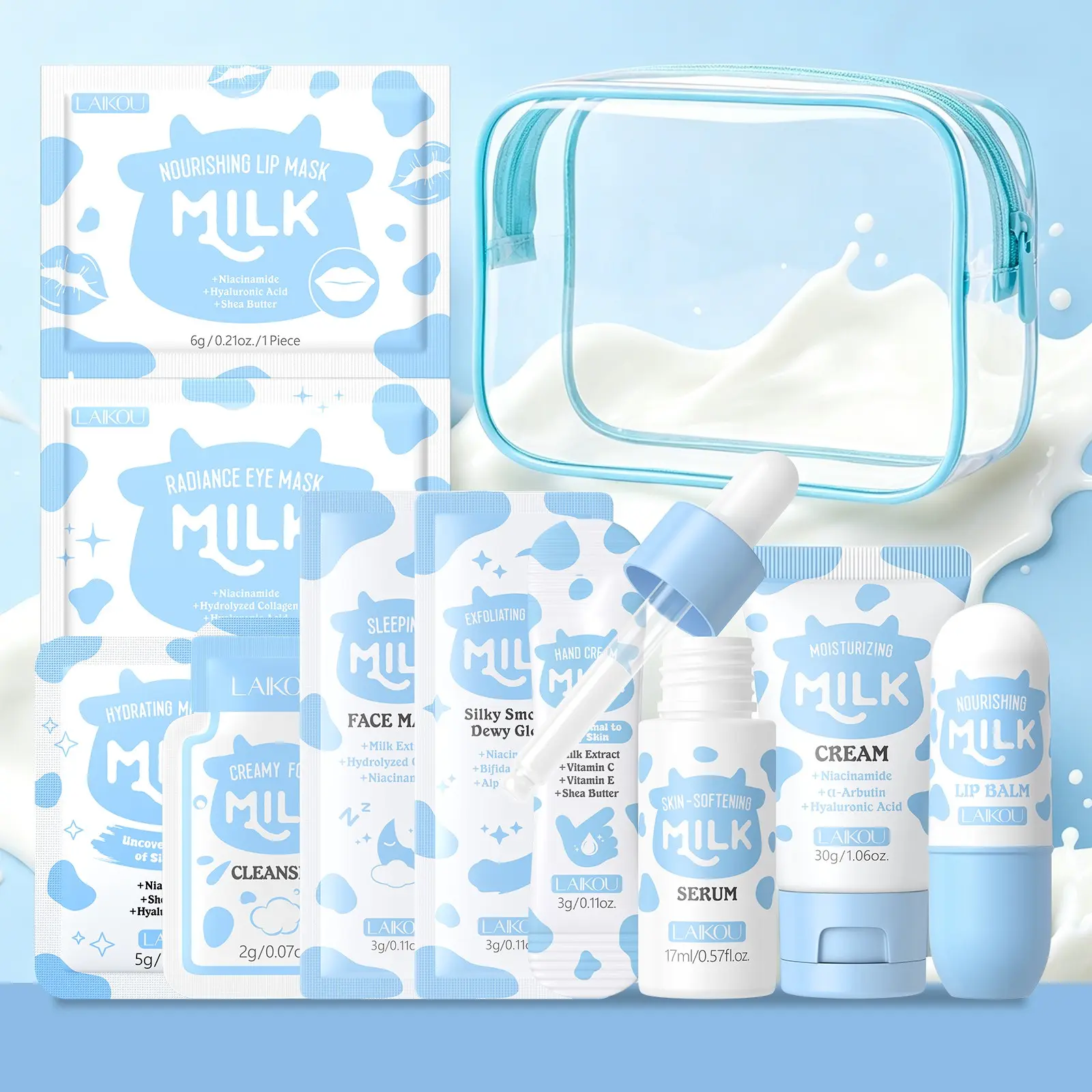 LAIKOU Budget-Friendly Milk Skincare Trial Kit - Hydrating Set 11Pcs Affordable Face & Body Care Set for Students - Includes Softening Serum, Cream, Hand Lotion & 5 Mini SPA Mask Packets with Clear Bag