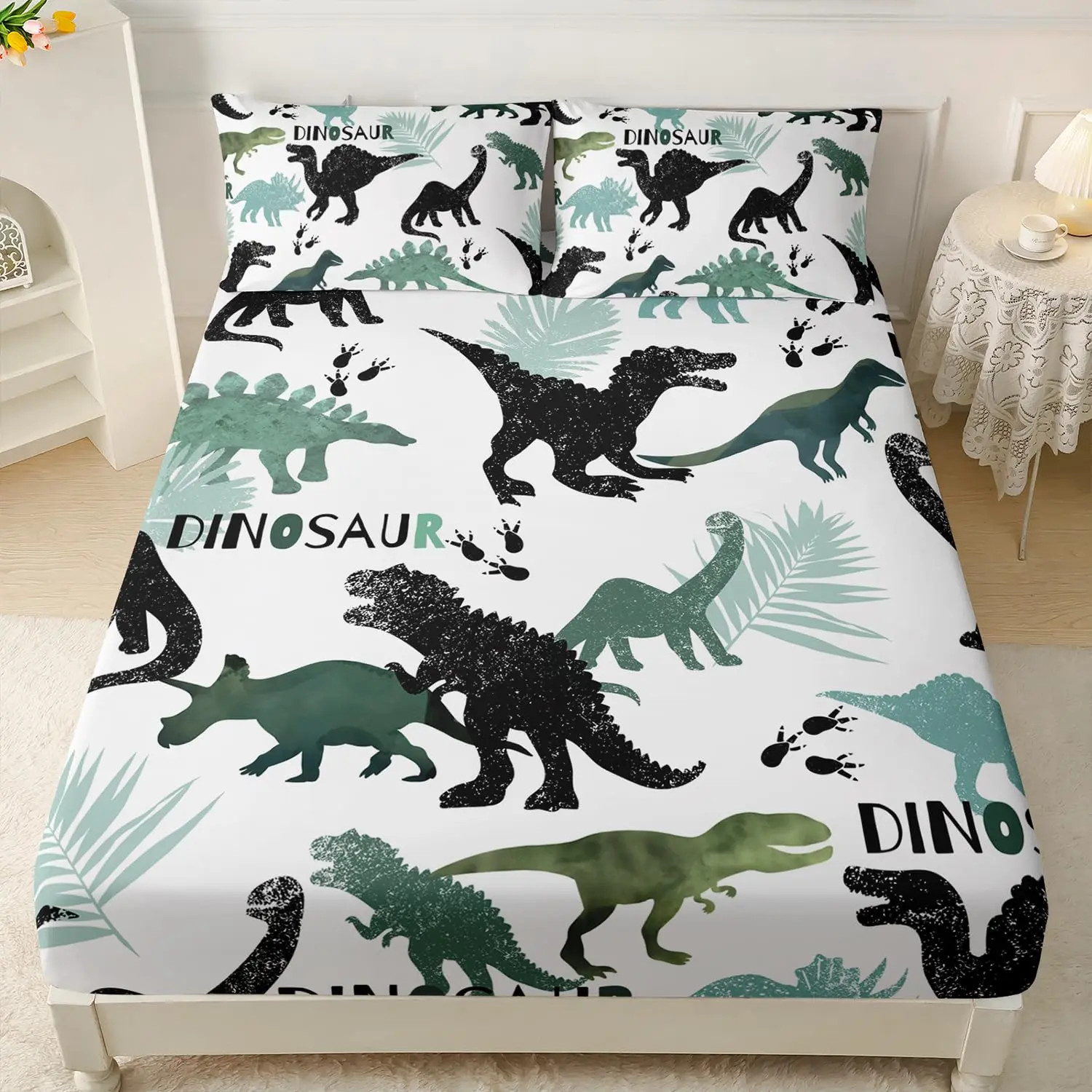 3-Piece Dinosaur Polyester Bedding Set, Includes Flat Sheet and Pillowcases, Modern Design for Bedroom Decor, Comfortable and Stylish Bed Linen, Bed Sheet Sets, Bedsheet Set