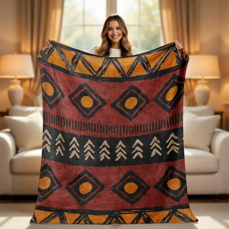 Southwestern Aztec Tribal Fleece Blanket, Boho Geometric Terracotta Orange Throw Blanket for Couch Sofa Bed, Rustic Western Cabin Decor Ultra Soft Cozy Plush Blanket
