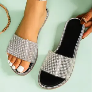 Elegant Flat Slippers With Shiny Glitter And Jeweled Embellishments For Women Yellow