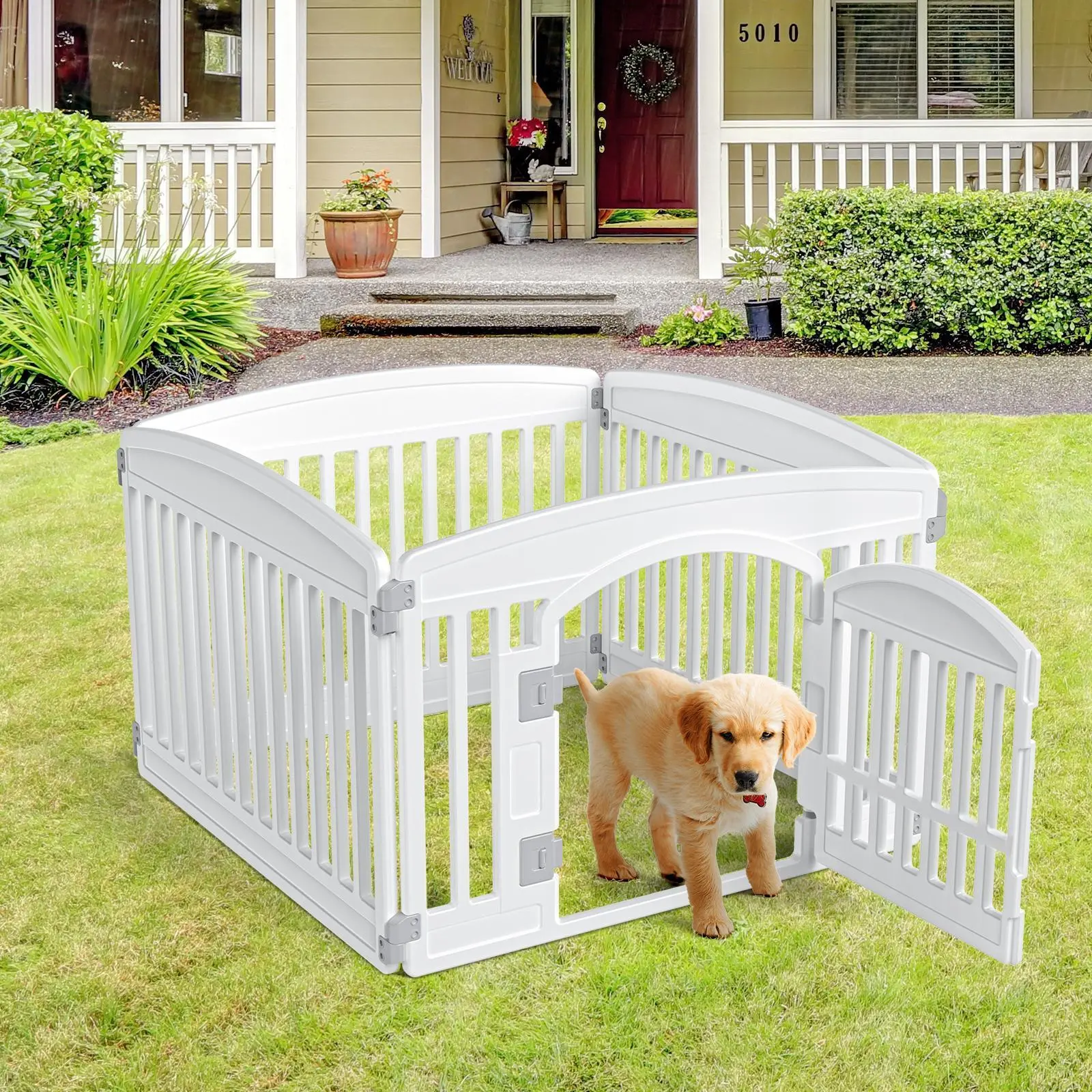 24" Exercise 4-Panel Pet Playpen with Door, Dog Playpen, Puppy Playpen, for Puppies and Small Dogs, Keep Pets Secure, Easy Assemble, Fold It Down, Easy Storing, Customizable, White Dog Playpen Safe & Secure Indoor/Outdoor Pet Fence | Folding & Portable |